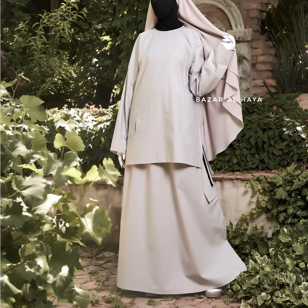 Muslim premium cotton blouse and skirt set from Bazar Al Haya light grey